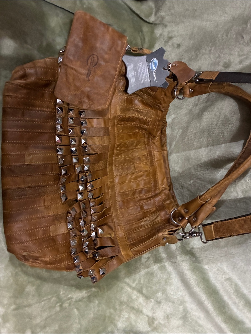 Tan Leather Fringe Shoulder Bag with Stud Accents
